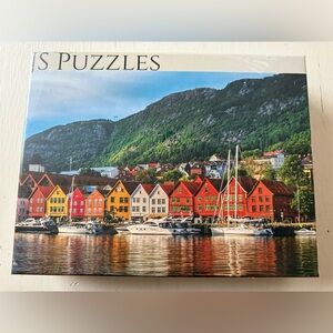 "JS Puzzles" jigsaw puzzle featuring the colorful Bryggen wharf in Bergen Norway